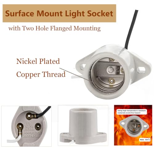 E26 Ceramic Surface Mount Socket with Flange Mount Base,5.9Inch Wire | High Temp Resistant Porcelain Light Bulb Holder,Pre-Wired Heat Resistant Fixture for Reptile Terrarium, Brooder & DIY Lamps