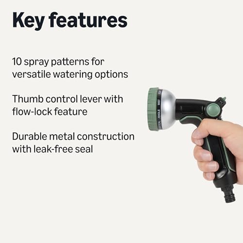 Amazon Basics Garden Hose Nozzle, 10 Spray Patterns, Metal with Rotating Head, Black