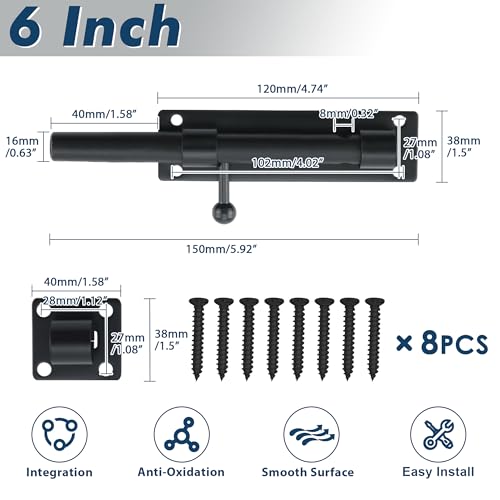 Alise 2Pcs 6 inch Barrel Bolt Latch,Heavy Duty Slide Lock for Barn Door | Black SUS304 Stainless Steel Padlock-Style Slide Bolt Latch,Security Gate Latch for Wooden Fence,Interior or Outdoor Door - color: Black, size: 6 inch-2p