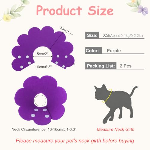 Felt Cat Recovery Collar, Cute Flower Cat Recovery Collar Adjustable Recovery Cones (2Pcs, XS 5.1-6.3inch, Purple) for Small Dogs Kittens Cats - color: Purple, size: XS（0-1 KG/0-2.2 lb）