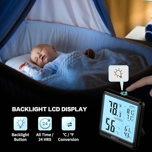 DOQAUS Hygrometer Indoor Thermometer Backlight Humidity Meter Black | 3.05in Large LCD Display, Digital Temperature Humidity Monitor with Max Min Records for Home, Bedroom, Baby Room, Greenhouse