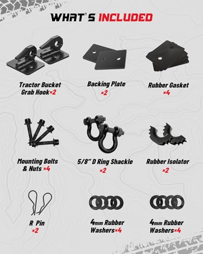 Tractor Bucket Grab Hook with 5/8" D-Ring Shackle Combo, Bolt-On Tow Hook and D-Ring Shackle, Matching Backing Plate, Rubber Gaskets & Isolators, 20000LBS Breaking Strength, 2 Set, Black&Black - color: Black&Black