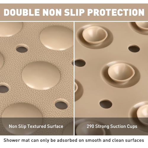 Shower Mat Non Slip: 35.4 x 23.6 Inch Extra Large TPE Shower Mats for Inside Shower - Anti Slip Shower Stall Matt with Drain Hole and Suction Cups for Elderly - color: Khaki, size: 35.4" x 23.6" (Rectangular)