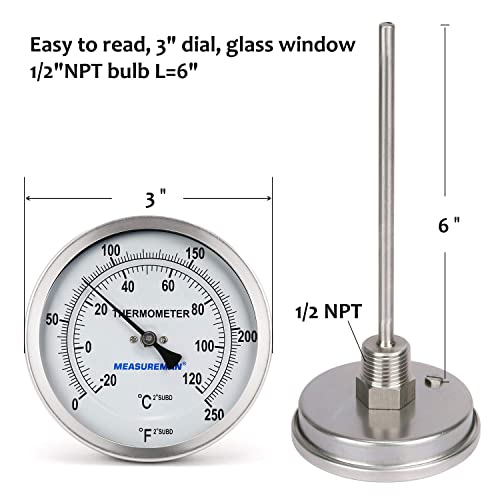 MEASUREMAN Fully Stainless Steel Pot, Kettle, Brewing Bimetal Dial Thermometer, 3" Dial, 6" Stem, 0-250 deg F/-20-120 deg C, -1% Accuracy, Adjustable, 1/2" NPT Back Mount - size: 3" Dial, 6" Stem, 0-250 deg F/-20-120 deg C, style: 6" Stem