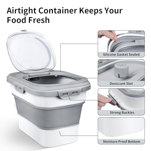 Rice Storage Container, Collapsible Airtight Food Storage Containers 6-20 Lbs, Rice Dispenser with Measuring Cup and Small Bin for Flour Cereal Pasta Grain, Cat Pet Dog Bird Food Container - color: Gray
