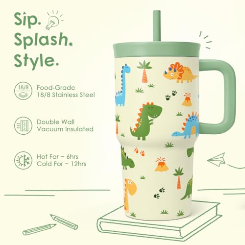 SANDJEST Dinosaur Stainless Steel Tumbler 20oz with Handle and Silicone Straw Locking Lid for Kids Boys, Birthday Christmas Back to School - color: Dinosaur
