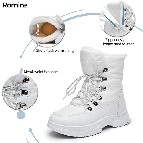 Rominz Womens Winter Snow Boots Outdoor Mid Calf Ankle Booties | Water Resistant, with Zipper, Warm Fur Lined, Anti Slip Sole - color: White, size: 10