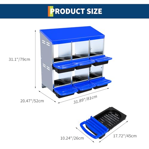 Chicken Nesting Box, Nesting Boxes for Chickens, 6 Compartments Chicken Laying Boxes with Lid Cover, Roll Away Nesting Box for Chickens Laying Egg to Protect Eggs, Blue