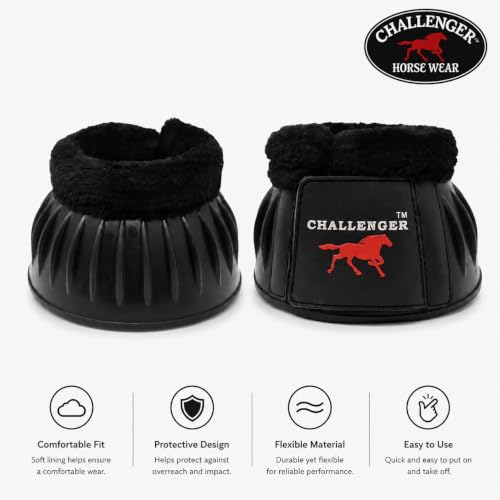 CHALLENGER Horse Training Ribbed Rubber Hoof Impact Overreach Protection Fleece Lined Bell Boots 41HI01 - color: Black, size: Large