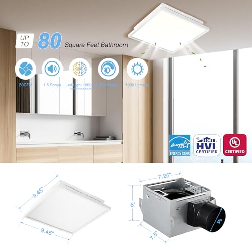 Tech Drive Bathroom Exhaust Fan with Light,80 CFM, 4 Inch Duct | Super Quiet 1.5 Sone ,1000lm Dimmable 3CCT LED Light, Energy Star Ventilation Fan, White - size: 80CFM with 3CCT Light (White)