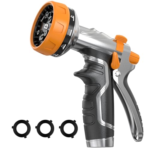 Garden Hose Nozzle, Heavy Duty Metal Water Hose Nozzle with 8 Adjustable Spray Patterns, High Pressure Hand Sprayer with Flow Control for for Garden Watering, Car & Pet Washing - color: Orange