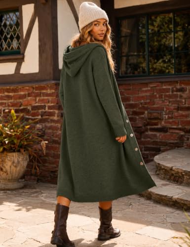 CiCiBird Womens Fall Long Cardigan Sweater Hooded Button Coat | Side Pockets, Loose Midi Length, Cozy Texture, Soft Lightweight Knit, Lounge To Outdoor Wear, Daily Layering, House Coat - color: C Armygreen, size: Small