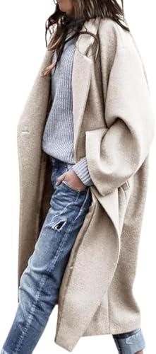 Women's Winter Wool Coat Notch Lapel Single Breasted Casual Mid Long Pea Trench Coat - color: Beige, size: Small