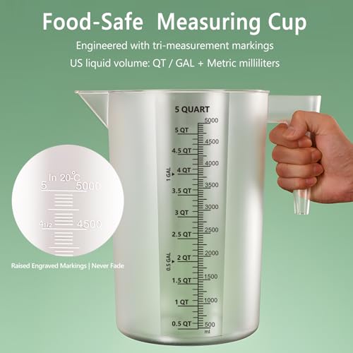 1 Gallon / 5 Quart / 5000 ml Large Plastic Measuring Pitcher with Handle, Clear Heavy Duty Mixing Pitcher with mL/QT/GAL Markings for Garden, Pool Chemicals, Motor Oil & Kitchen - size: 160 fl oz