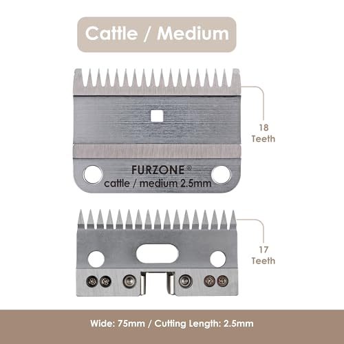 FURZONE A2 Large Animal Clipper Blade (Cattle/Medium) - 2 in 1 Set (18&17 Teeth), Cattle Grooming Replacement Blade, Professional Stress-Free Grooming, 3/32-inch/2.5mm Cut Length - size: Cattle/Medium 2.5mm