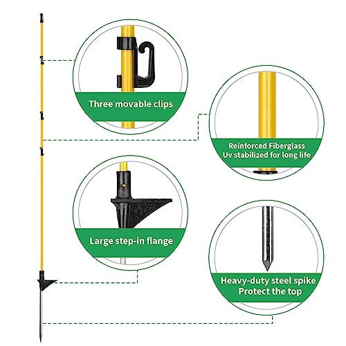20-Pack 46" Fiberglass Step-in Electric Fence Posts | Adjustable Clips · Metal Spikes · For Patio, Gardens, Lawns & Temporary Fencing