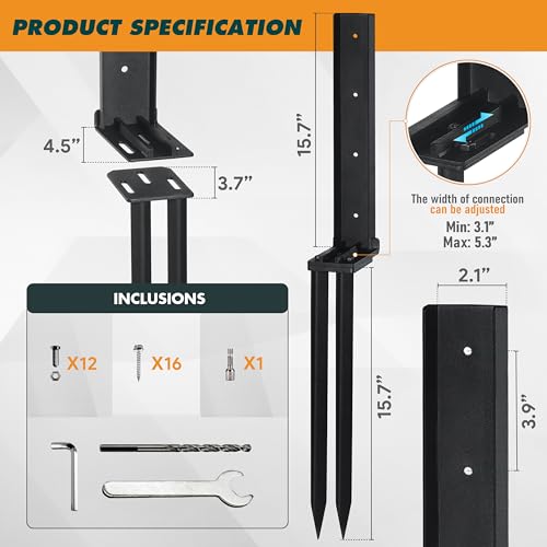 4 Pack Fence Post Repair Kit, Adjustable Steel Ground Stake Anchors | Heavy Duty Fence Post Support With Adjustable Connection To Stabilize Leaning, Loose Or Weakened Wooden Posts For Outdoor Use