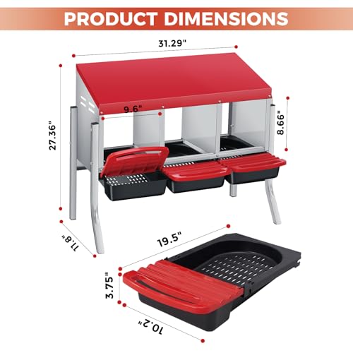 3 Hole Chicken Nesting Box - Heavy Duty Metal Chicken Laying Box, Easy Egg Collection & Cleaning with Removable Tray for Poultry Coop, Backyard, Farm, with Bracket Legs - color: red, size: 3 holes with legs