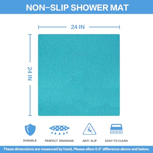 Square Non-Slip Shower Mat 24x24 Inches, Quick-Draining Bath Mat for Shower Floor, PVC Loofah Textured Shower Stall Mat, Secure Anti-Slip Bathroom Mat, Boho Style Bath Mat (Blue) - color: Blue