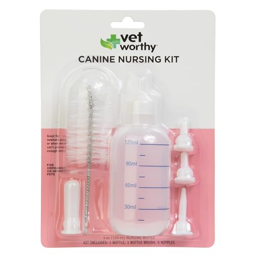 7-piece Canine Nursing Kit – 4oz Bottle, 4 Nipples, & Brush | Newborn Puppy Feeding Bottle for Nursing Puppy Milk & Feeding - Also Suitable for Small Animals