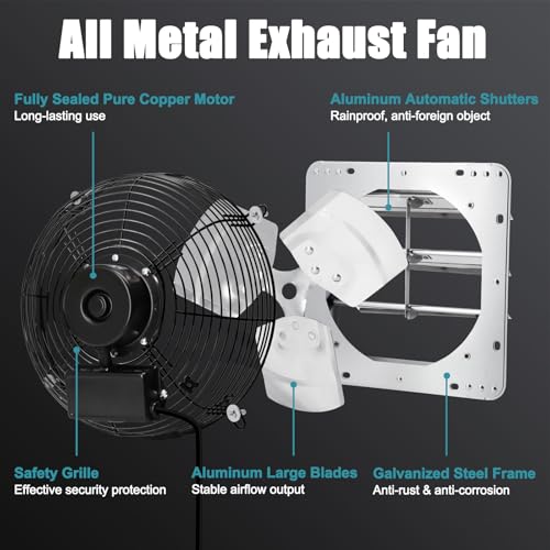 Criditpid 14 Inch Shutter Exhaust Fan, Wall Mounted Vent Fan for Garage, Attic, Greenhouse, Shop, Chicken Coop, 1088 CFM 1450 RPM High-Speed Louvered Exhaust Fan with ON/OFF Switch 1.8M Power Cord Kit