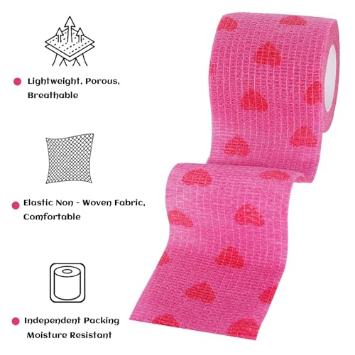 24 Rolls Elastic Self Adhesive Bandage Wrap 2 inch, Breathable Non Woven Cohesive Bandage, Vet Wrap for Dogs, Ankle Sprains Swelling Tape, Sports Athletic Tape (Pink Heart) - color: 2 Inch-24 Count Pink Heart
