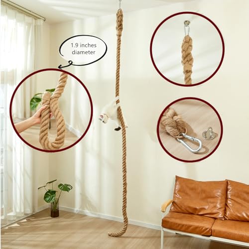SHENGOCASE 1.9" x 8.9Ft Cat Climbing Jute Rope for Ceiling with Hook, Wall Mounted Furniture for Indoor and Outdoor Cats, Cimbing Pole (8.9 Feet) - size: 8.86 Feet