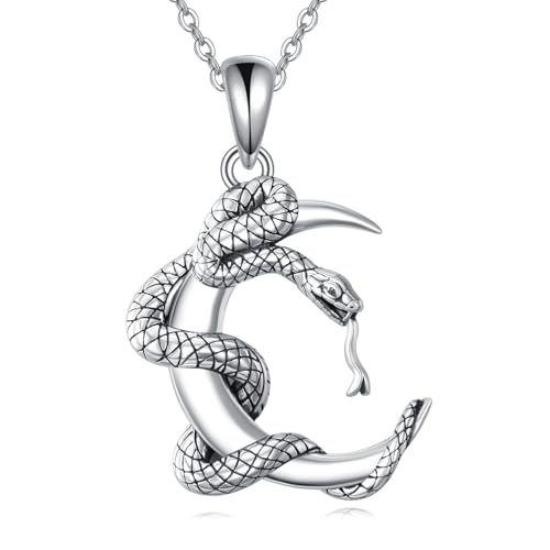 Snake Moon Necklace - 925 Sterling Silver Moon Pendant Necklace - Snake Jewelry for Women - style: snake moon