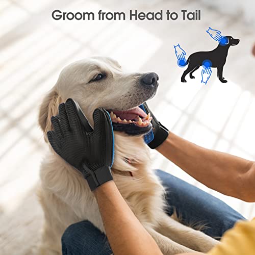 Pet Hair Removal Glove with 255 Silicone Tips for Dogs & Cats, 1 Pair Blue | 2-in-1 Deshedding & Massage Mitt, 5-Finger Flexible Design, for Bathing & Grooming, Safe for Long/Short/Curly Hair Pets