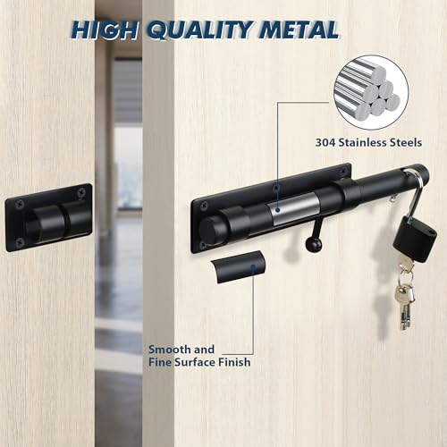 Alise 10 inch Barrel Bolt Latch,Black Heavy Duty Slide Lock for Barn Door | SUS304 Stainless Steel Padlock-Style Slide Bolt Latch,Security Gate Latch for Wooden Fence,Interior or Outdoor Door - color: Black, size: 10 Inch