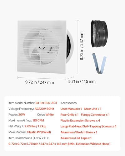 VEVOR Through-the-Wall Ventilation Fan， White Grille, 110 CFM, 6.8" Diameter Exhaust Fan Duct with 10-Inch Retractable Hose for Kitchen, Living & Laundry Room Workshop - size: 6.8 Inch Diameter