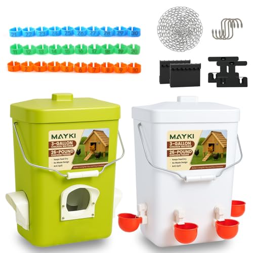 MAYKI Chicken Feeder and Waterer Set and Automatic Chicken Coop Door Solar Powered, Automatic Coop Accessories