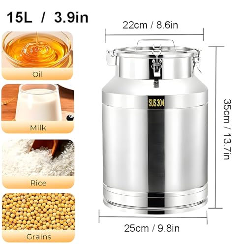Food Grade 304 Stainless Steel Milk Can with Locking Airtight Clamp Lid Carry Handle, Large Airtight Storage Bucket Canister for Rice Flour Grain Oil Wine Liquid Dairy Transport 15L (3.9 Gal) - size: 15L