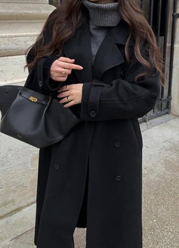 chouyatou Women's Winter Double Breasted Wool Coat Long Sleeve Notch Lapel Midi Long Winter Trench Coat with Belt - color: Black, size: X-Small