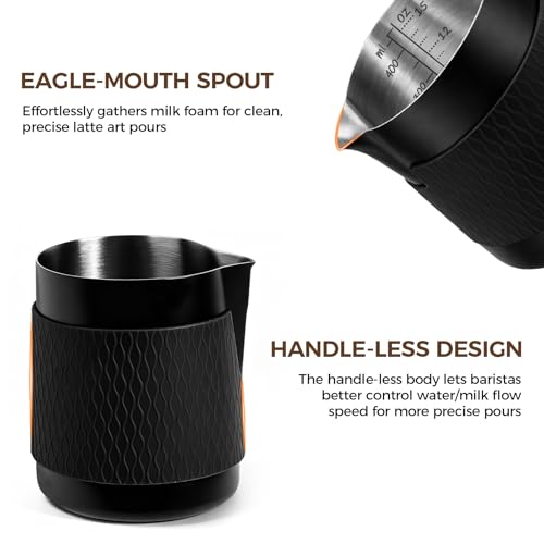 IKAPE Espresso Milk Pitcher, 15.04/450ml Milk Frothing Jug without Handle, Espresso Steaming Pitcher with Sharp Spout for Espresso Barista Tool(black) - color: Black