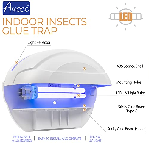 Awoco LED 5W Wall Mount Sconce Sticky Fly Trap Lamp for Capturing Flying Insects, Flies, Mosquitoes, and Moths (Fly Trap + 6 Glue Boards) - size: Fly Trap Combo