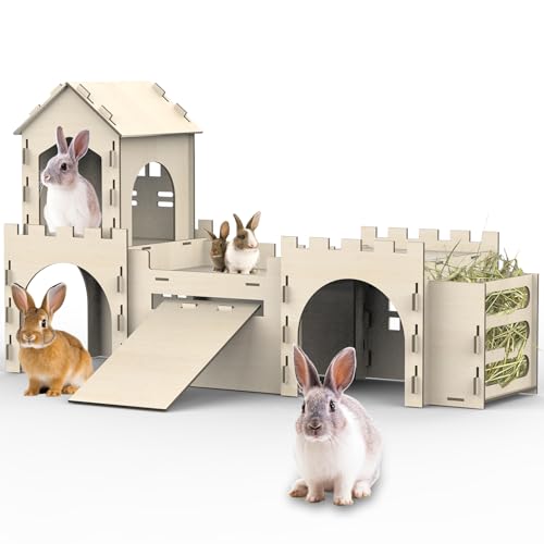 Large Bunny House and Hideouts, Wooden Dual-Layer Rabbit Castle with 4 House Indoor, Sturdy Habitat for Guinea Pig Chinchilla Ferret (Extra Large-4 House with Hay Feeder)