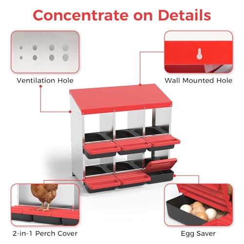 6-Compartment Chicken Nesting Box, Heavy Duty Galvanized Steel Poultry Nest Box, Wall Mount/Freestanding Design for Hens, Ducks, Backyard Homesteads & Farm Use, Red, with Soft Mats, No Stand - color: Red, size: 6 Room&Mat Board