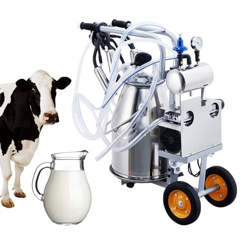 550W Electric Cow Milking Machine, 6.6 gal / 25L 304 Stainless Steel Bucket, Automatic Cow Milker with Vacuum Pulsation, 5-8 Cows Per Hour with Silicone Cups and Tubes, Wheels for Cows and Goats