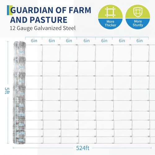 Garvee 5FT x 524FT Field Fence, Galvanized Woven Wire Livestock Fencing Roll - size: 5ft x 524ft