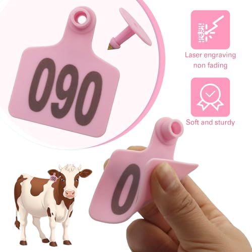 Cattle Ear Tags 001-100, 100Pcs Plastic Livestock Ear Tag for Cows Goats Sheep Pigs with Pliers Applicator & 2 Pins, Animal ID Tags for Ranch Farm Herd Tracking, Laser Print (001-100, Pink) - color: Pink