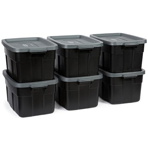 Rubbermaid Heavy Duty Black Storage Bins Plastic Totes with Lids for Storage, Stackable, Large Capacity, Durable, Multipurpose, 14 GAL, 6 Pack (14 GAL - 6 Pack Solid Black and Grey) - size: 14 Gal - 6 Pack