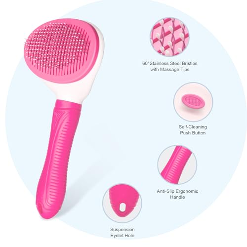 Aogeili Self-Clean Slicker Brush, Deshedding Comb for Dogs Cats Rabbits | One-Click Release Removes Loose Undercoat, Mats & Tangles, for Long & Short Hair Shedding Pets - color: Pink
