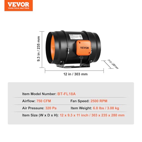 VEVOR Inline Duct Fan, 8-Inch 750 CFM with Variable Speed Controller, Quiet AC-Motor Ventilation Exhaust Fan for Cooling Booster, Grow Tents, Hydroponics | for Cooling Booster, Grow Tents, Hydroponics, Quiet AC-Motor, with Variable Speed Controller, Vibra