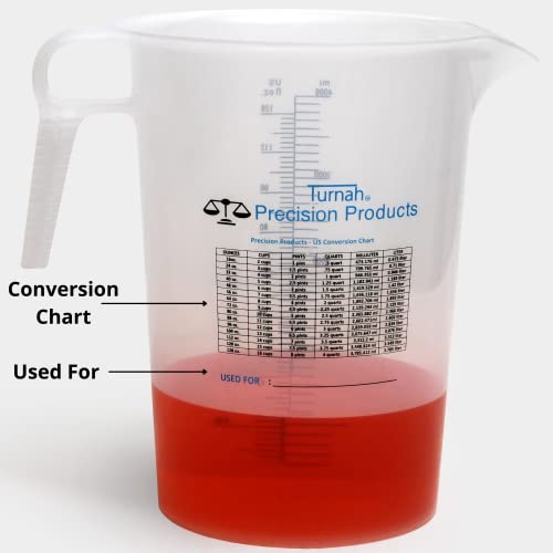 One Gallon 128oz Measure Pitcher - Convenient Conversion Chart - Strong Food Grade - Great for Lawn, Chemicals Pool, Ag, Lye, Home Hobbies, Motor Oil, Fluids - Turnah Precision Products, Made in USA - size: 128 oz
