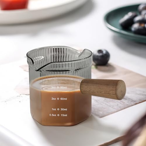 Joeyan 4 oz Grey Double Spouts Measuring Triple Pitcher Milk Cup with Wood Handle,Ribbed High Borosilicate Glass Measuring Cup, Espresso Shot Glasses - color: 4 Oz Double Spouts Smoke Grey Colored Measuring