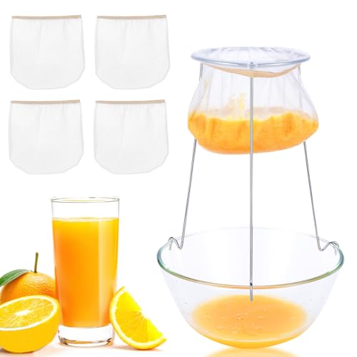 Jelly Strainer Stand with 4 Reusable Straining Bags, Stainless Steel Strainer Stand with Replacement Strainer Bags for Straining Juice Yogurt Cheese Broth Nut Milk