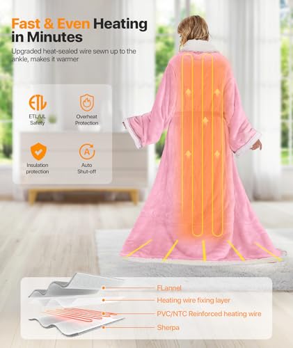 SIHOHAN Heated Throw Blanket with Foot Pockets for Women | Flannel & Sherpa, 8 Heat Levels & Timer, Portable for Home Office Travel, Machine Washable, Pink - size: 50*70 Pink
