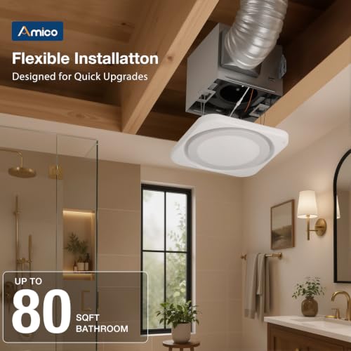 Amico Bathroom Exhaust Fan with Light, 80 CFM, 1.0 Sones, 3CCT & Nightlight | Ceiling Opening 7.6'' x 7.3'', Retrofit Ventilation Fan with 1400LM 18W LED Light, 3000K/4000K/5000K, Remote, FCC Certified