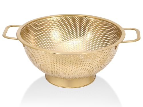 Gold Strainer for Kitchen, 3QT, Stainless Steel Colander with Handle for Fruits Vegetables Cooking Food, Dishwasher Safe - size: 3QT